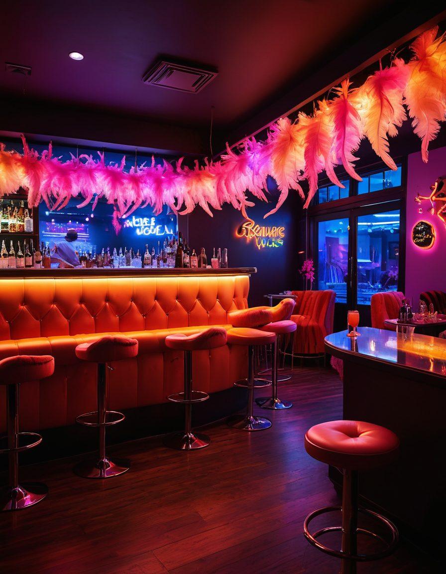 A vibrant and lively scene showcasing a dazzling neon-lit adult entertainment club with whimsical decorations, inviting silhouettes enjoying themselves, and playful elements representing sensuality and fun, like feather boas and sparkling cocktails. The atmosphere should be electric and joyful, entailing a sense of liberation and excitement. ultra-realistic. vibrant colors. nightlife aesthetic.