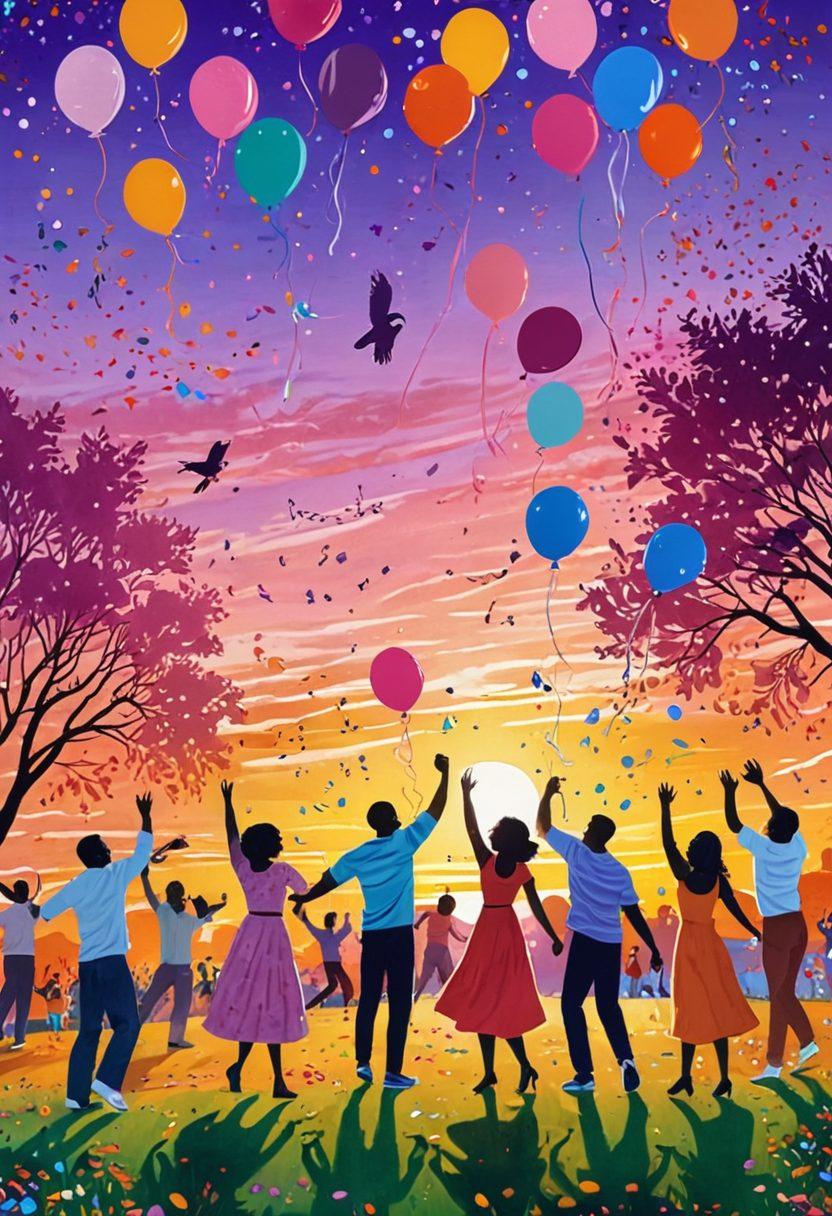 A colorful and lively scene depicting various adults engaging in fun leisure activities, such as dancing, playing games, and enjoying nature. Surrounding them are whimsical elements like confetti, balloons, and playful animals, symbolizing excitement and joy. The background features a bright sunset, casting warm hues across the sky, creating an inviting atmosphere. Include diverse characters to represent inclusivity and celebration. vibrant colors. super-realistic. upbeat style.