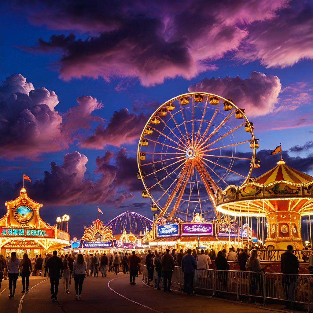 A captivating scene depicting a whimsical carnival at twilight, infused with elements of fantasy, featuring vibrant rides, enchanting lights, and alluring figures that embody sensuality and thrill. Include a roller coaster twisting through clouds, a glowing Ferris wheel, and couples joyfully experiencing the excitement together. The sky should be painted with deep purples and golds to evoke a magical atmosphere. super-realistic. vibrant colors. twilight setting.